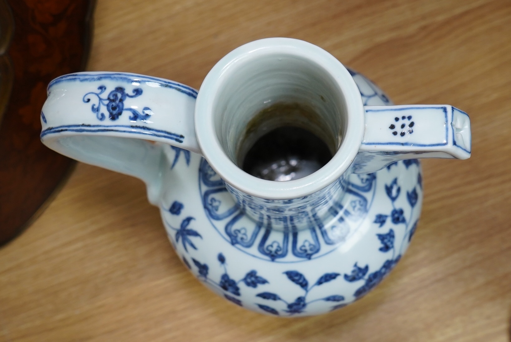 A large Chinese blue and white porcelain ewer, 36cm high. Condition - good